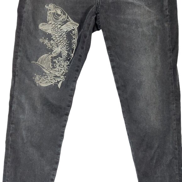 Zara Jeans Womens Sz 10 Black Koi Fish Embroidery Z1975 Denim Distressed Hems - Picture 4 of 11